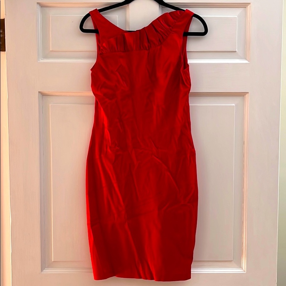 Red dress with asymmetrical ruffle